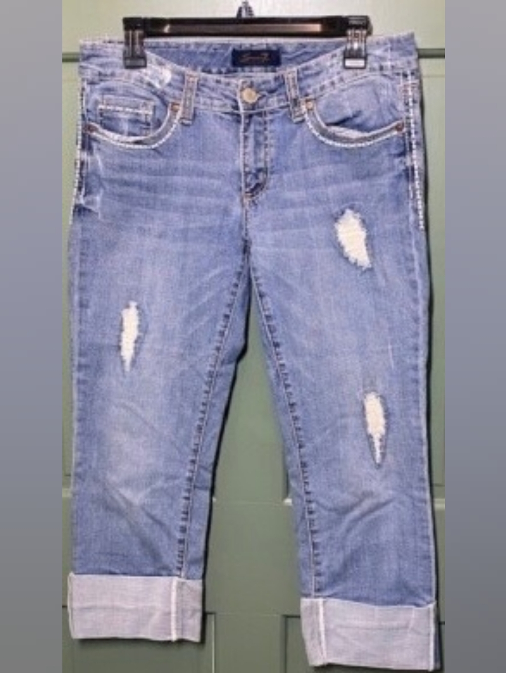 Seven7 Blue Distressed Cropped Cuffed Stretch Cotton Denim Boyfriend Jeans, 8! 🍁